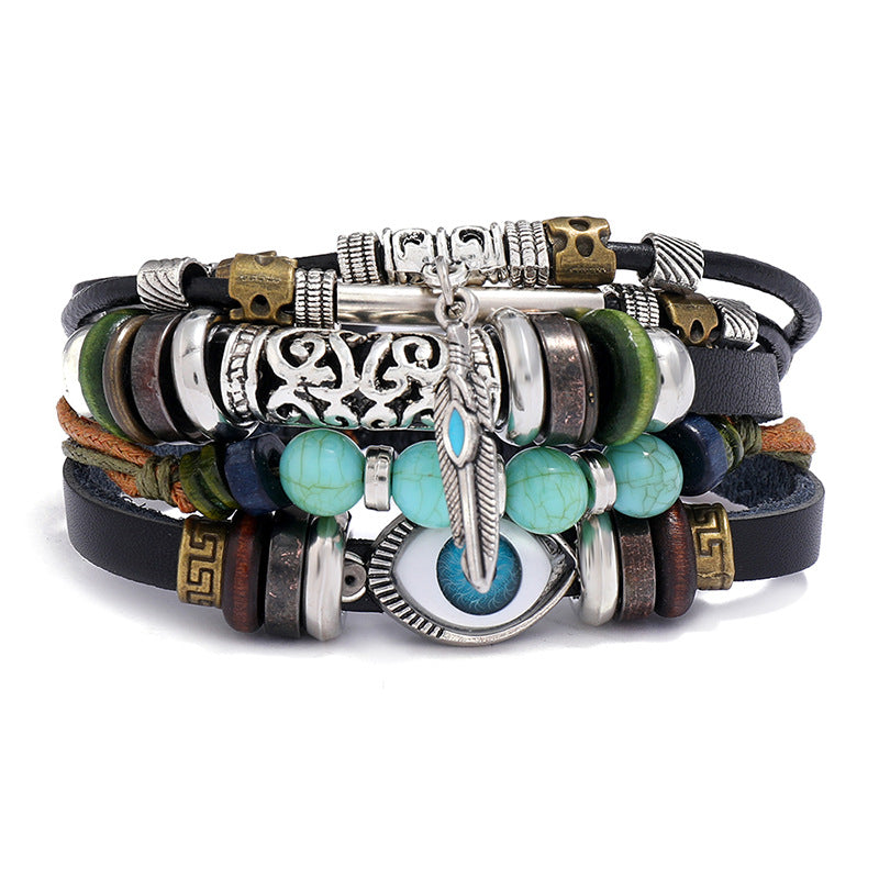 Pulsera De Cuero Con Cuentas De Ojos Azules al por mayor